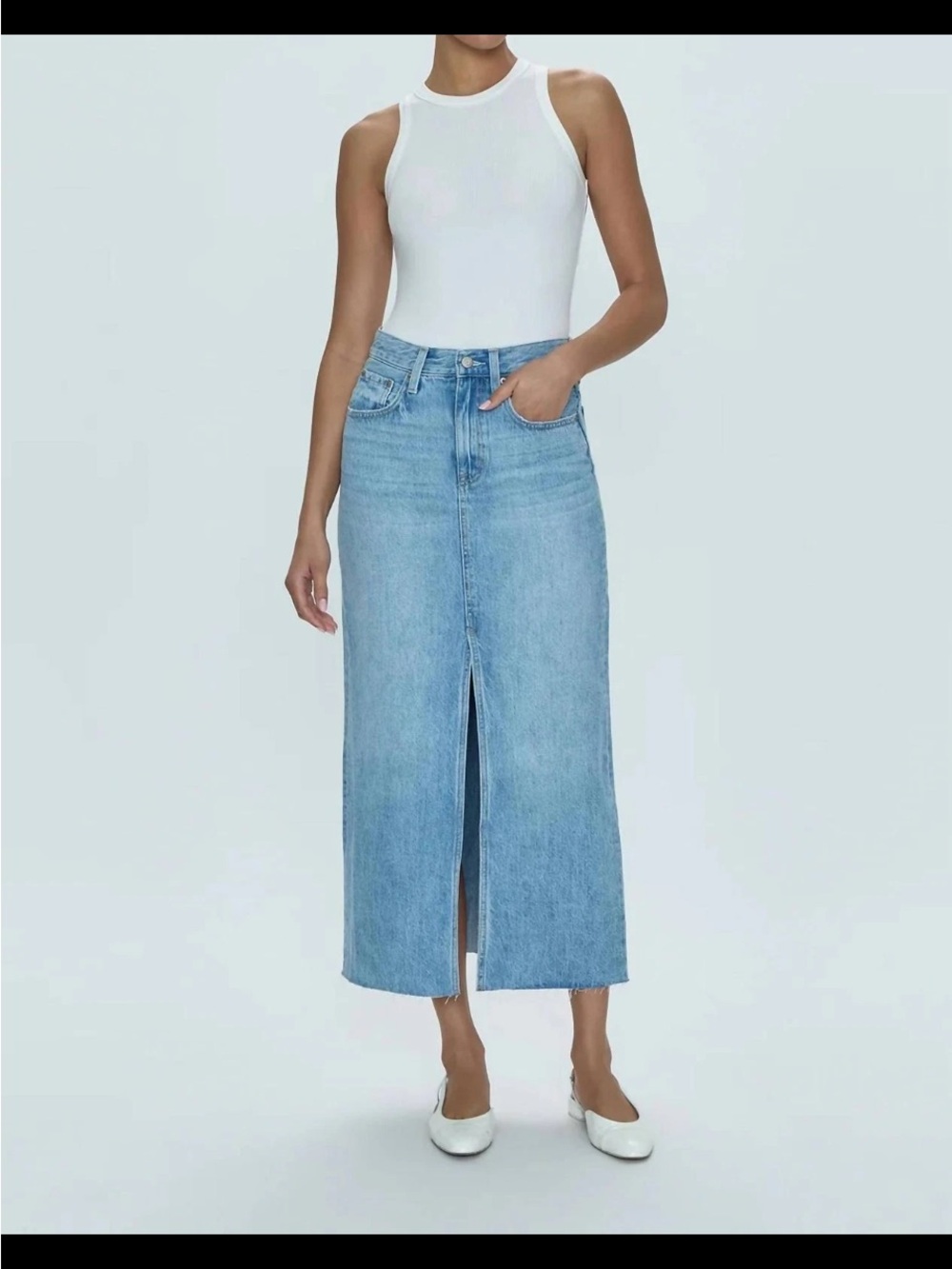pistola Light Blue Denim Midi Skirt with Front Slit